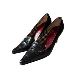 Burberry Women Black Check Leather Pump Heels‎ Size 38.5